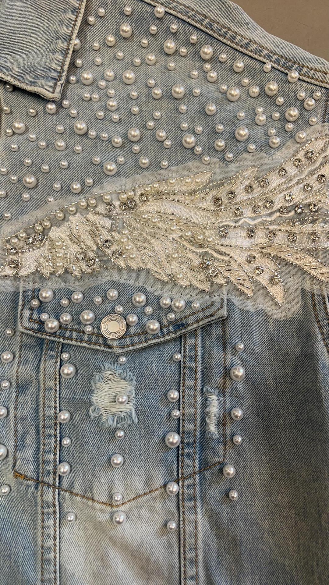 LIGHT BLUE WASHED ANGEL WINGS DESIGN DENIM JACKET FW013