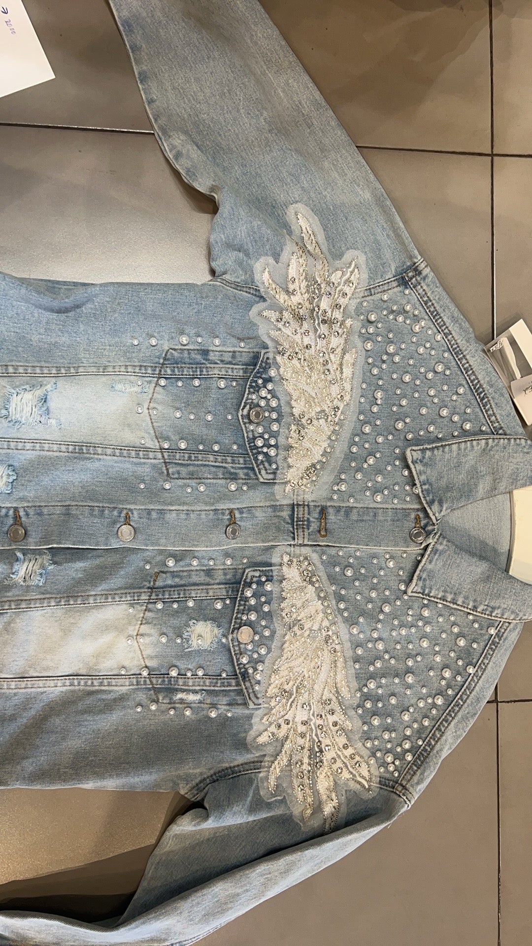 LIGHT BLUE WASHED ANGEL WINGS DESIGN DENIM JACKET FW013