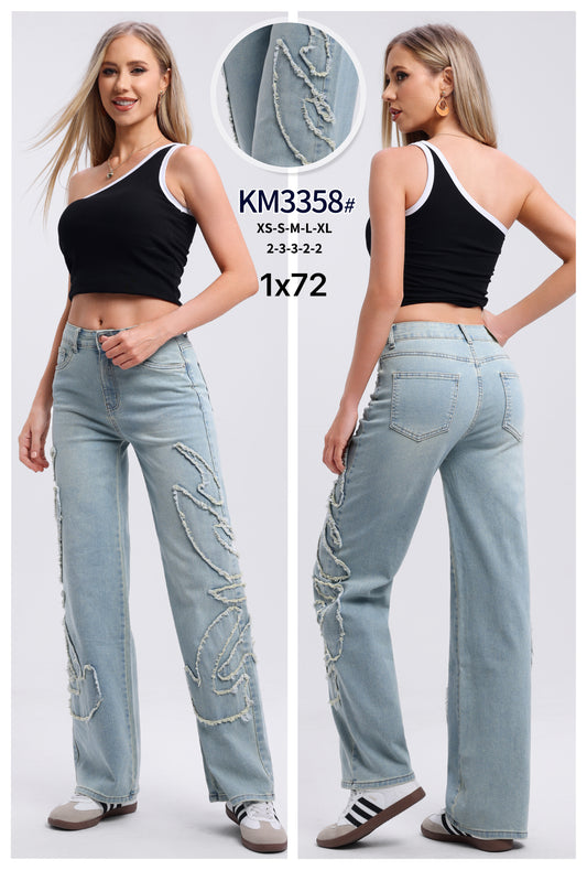 VINTAGE PATTERN DESIGN WASHED WIDE LEG JEANS KM3358