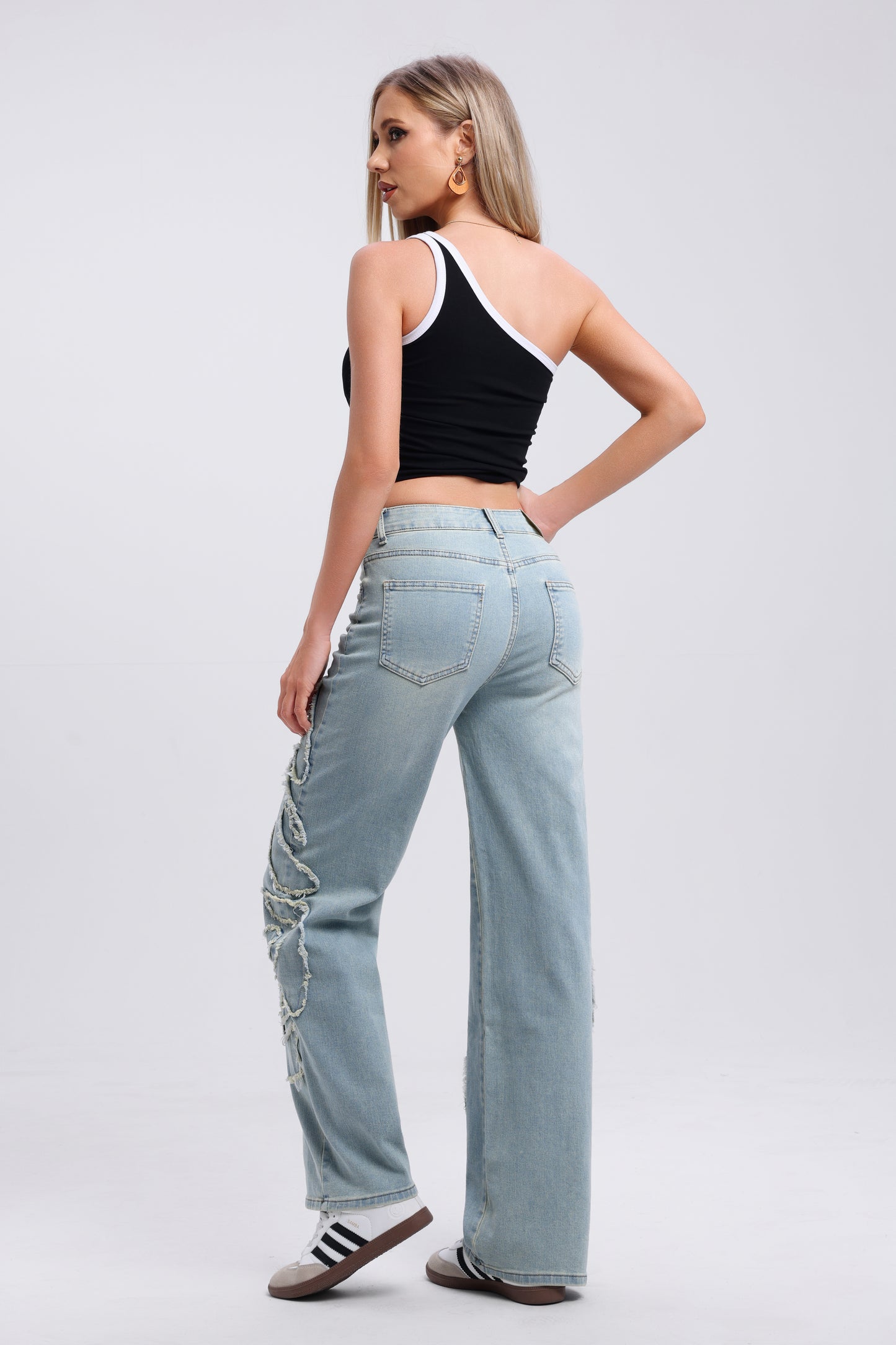 VINTAGE PATTERN DESIGN WASHED WIDE LEG JEANS KM3358